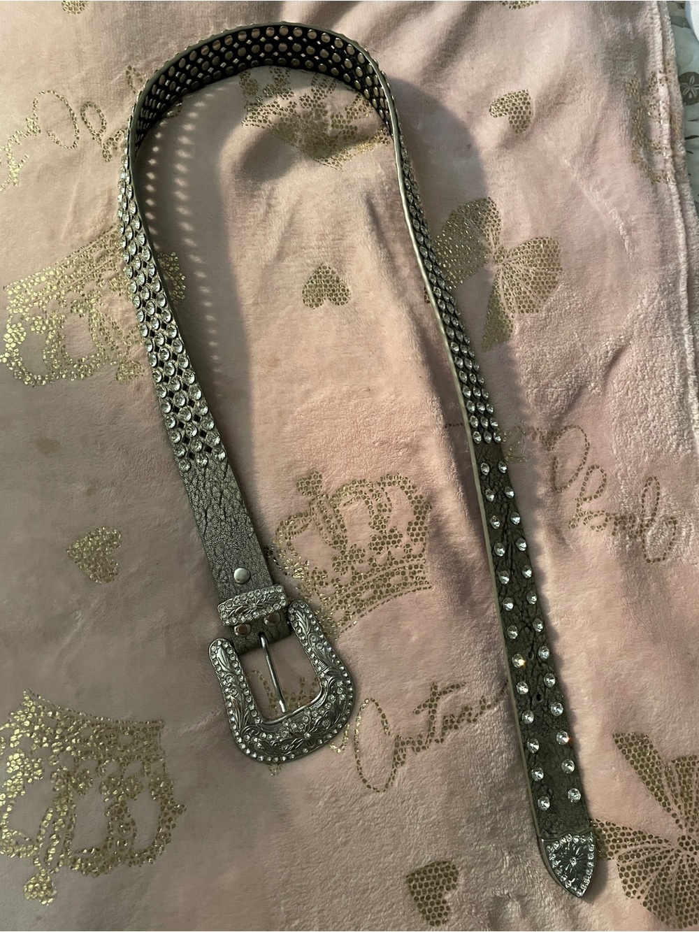 Studded Metallic Gray Women's Belt with Crystal Buckle